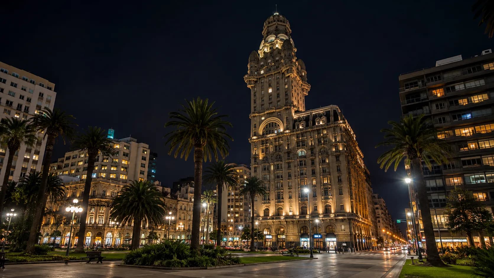 El Palacio Salvo iluminado de noche, entre palmeras, en la Plaza Independencia de Montevideo